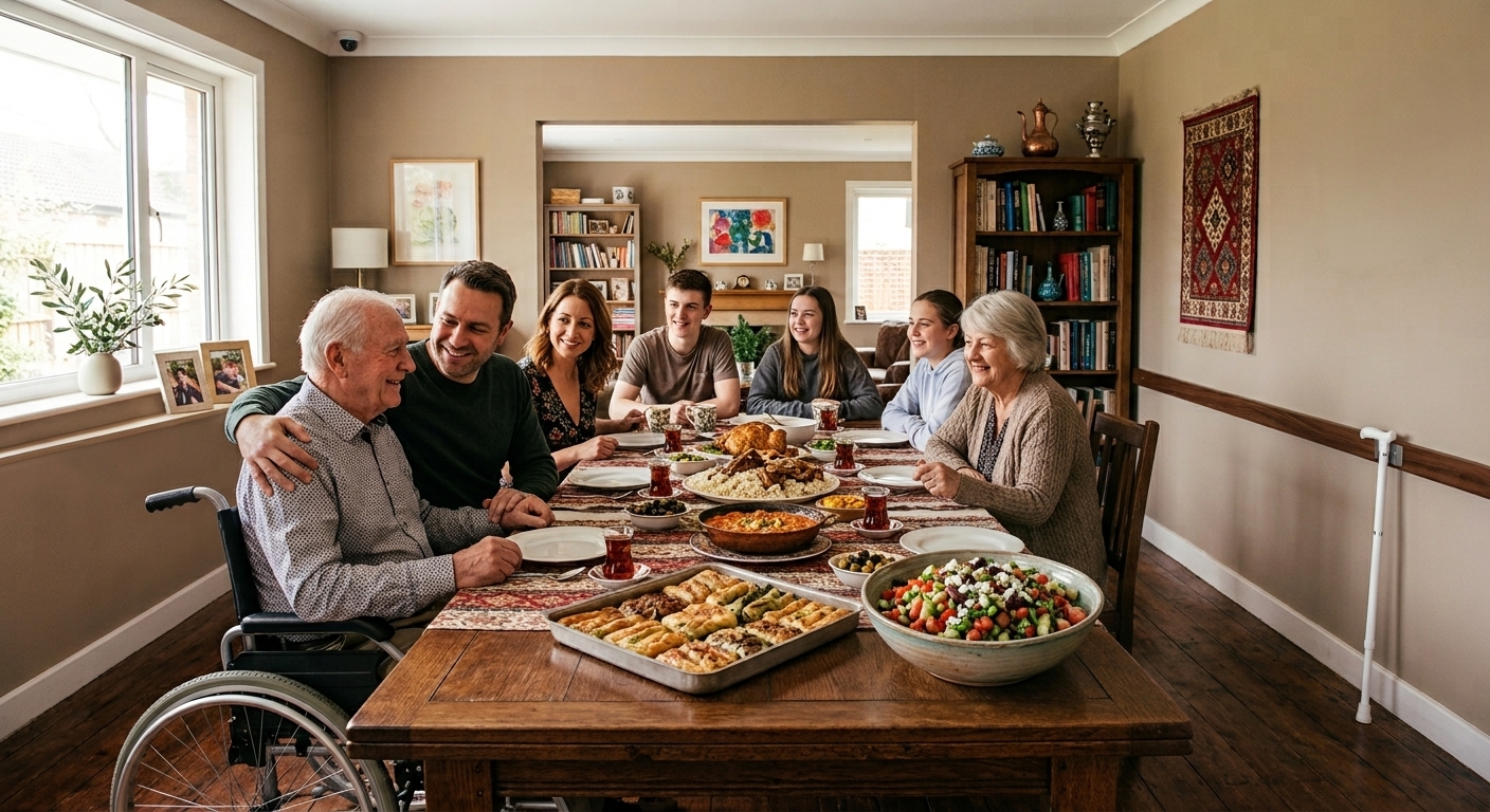 A multigenerational family gathered around the table at home