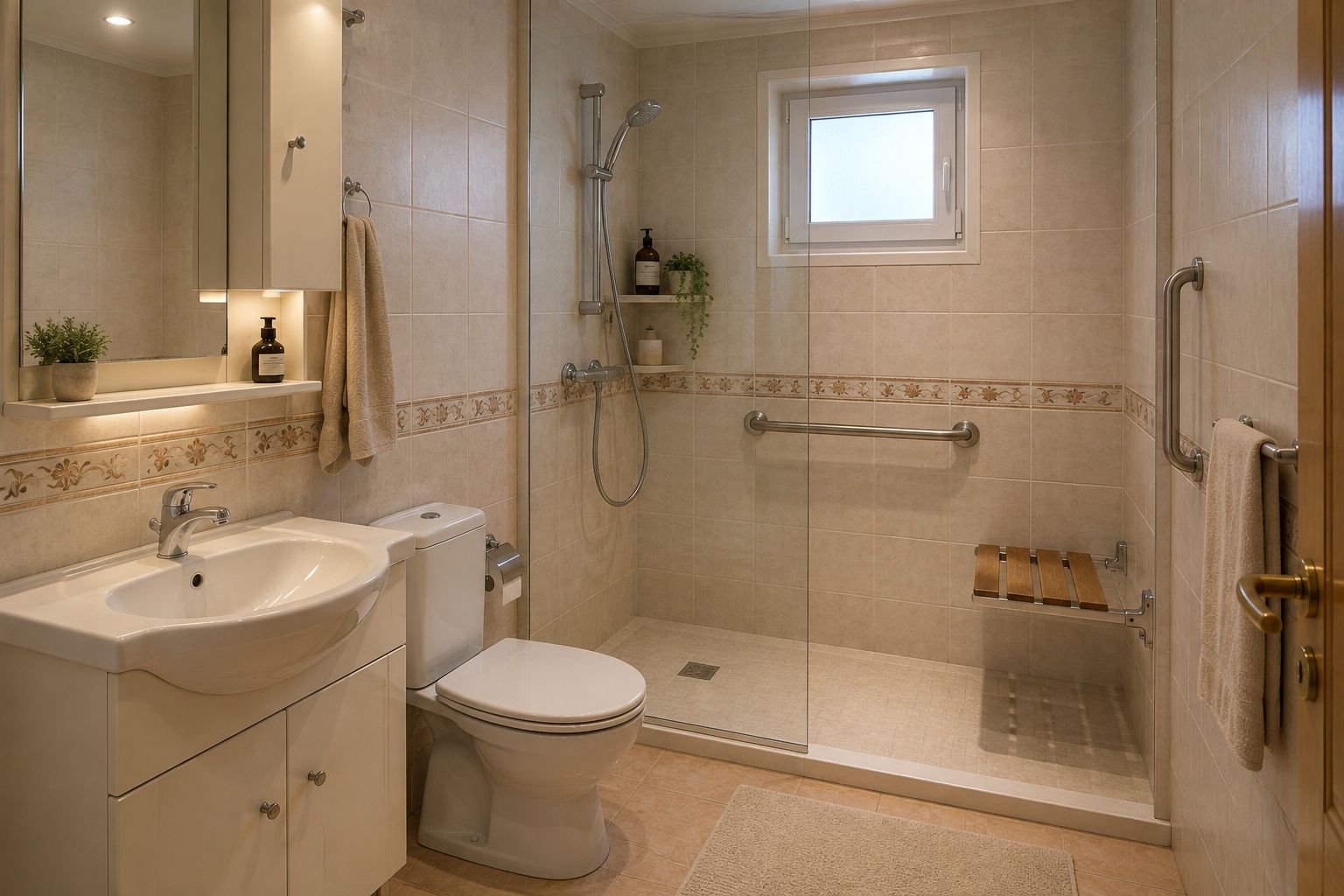 A walk-in shower with grab bars and a fold-down seat — designed, not clinical
