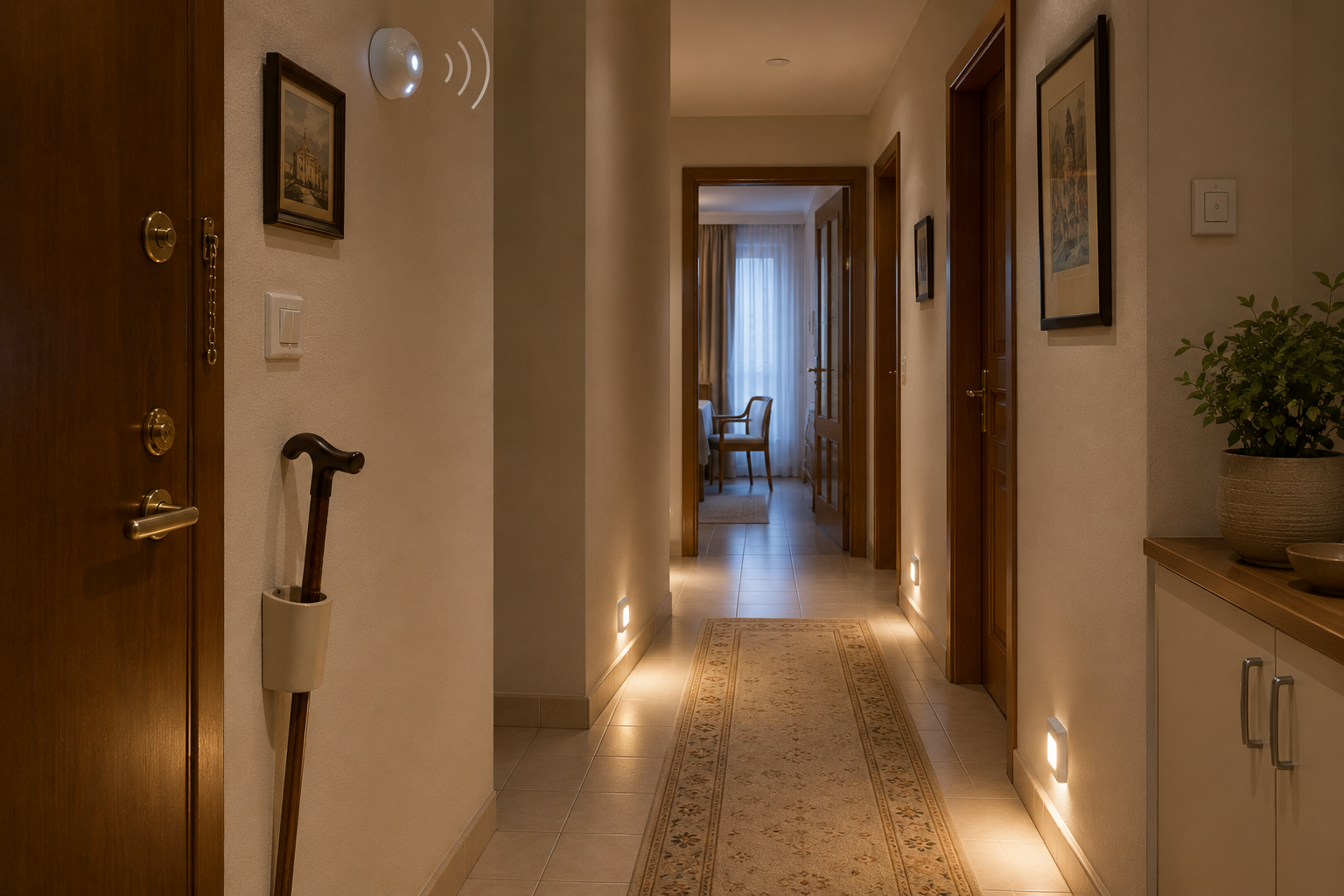 A hallway with motion-sensor lighting, low night lights, and a cane within reach